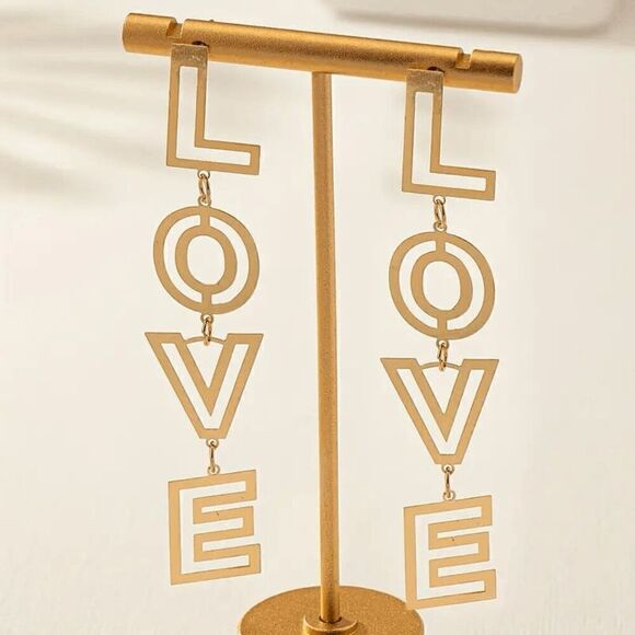 LOVE Golden Dangle Earrings - Picture 4 of 6